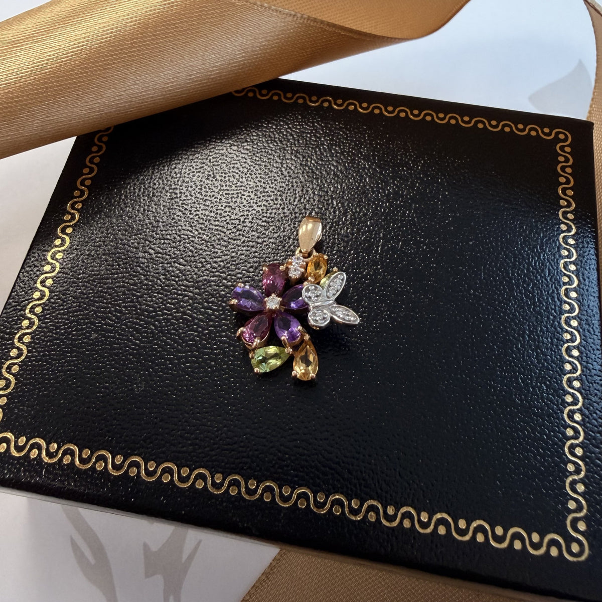 14ct Rose Gold Multi-Gemstone Floral and Butterfly Pendant