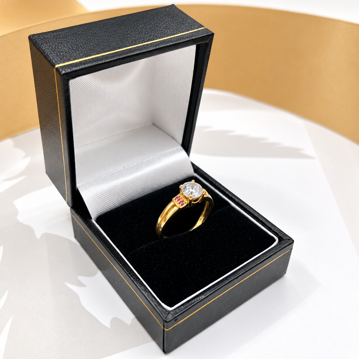 9ct Yellow Gold Round Cut CZ Solitaire Ring with Pink Stone Shoulders – view 2
