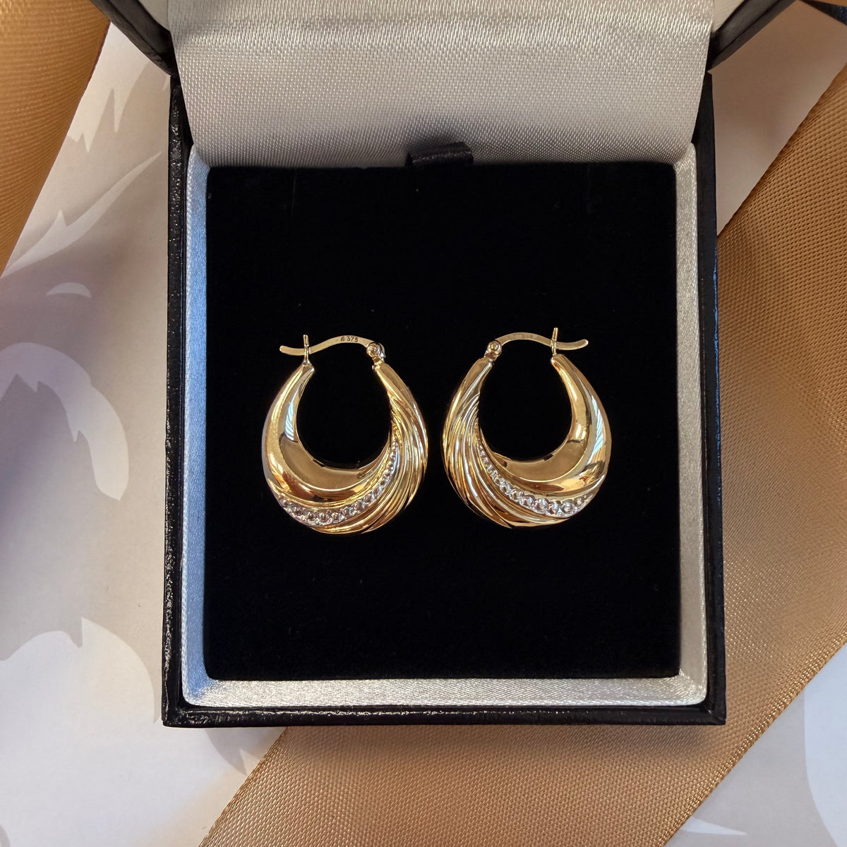 9ct Yellow Gold Swirl Hoop Earrings – view 3