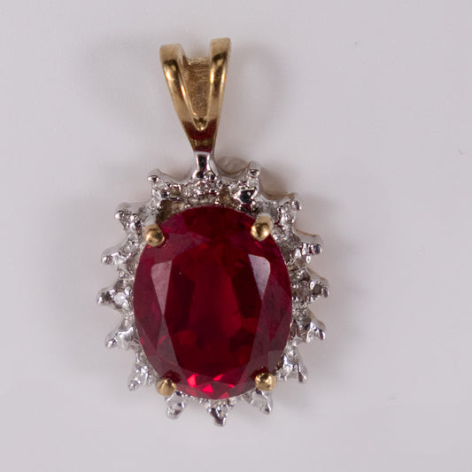 9ct Yellow Gold Ruby (SIM) and Diamond Drop Pendant