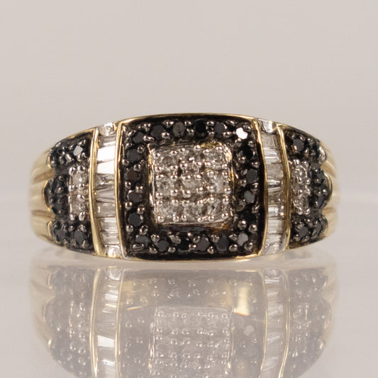 9ct Yellow Gold Black & White Diamond Statement Ring