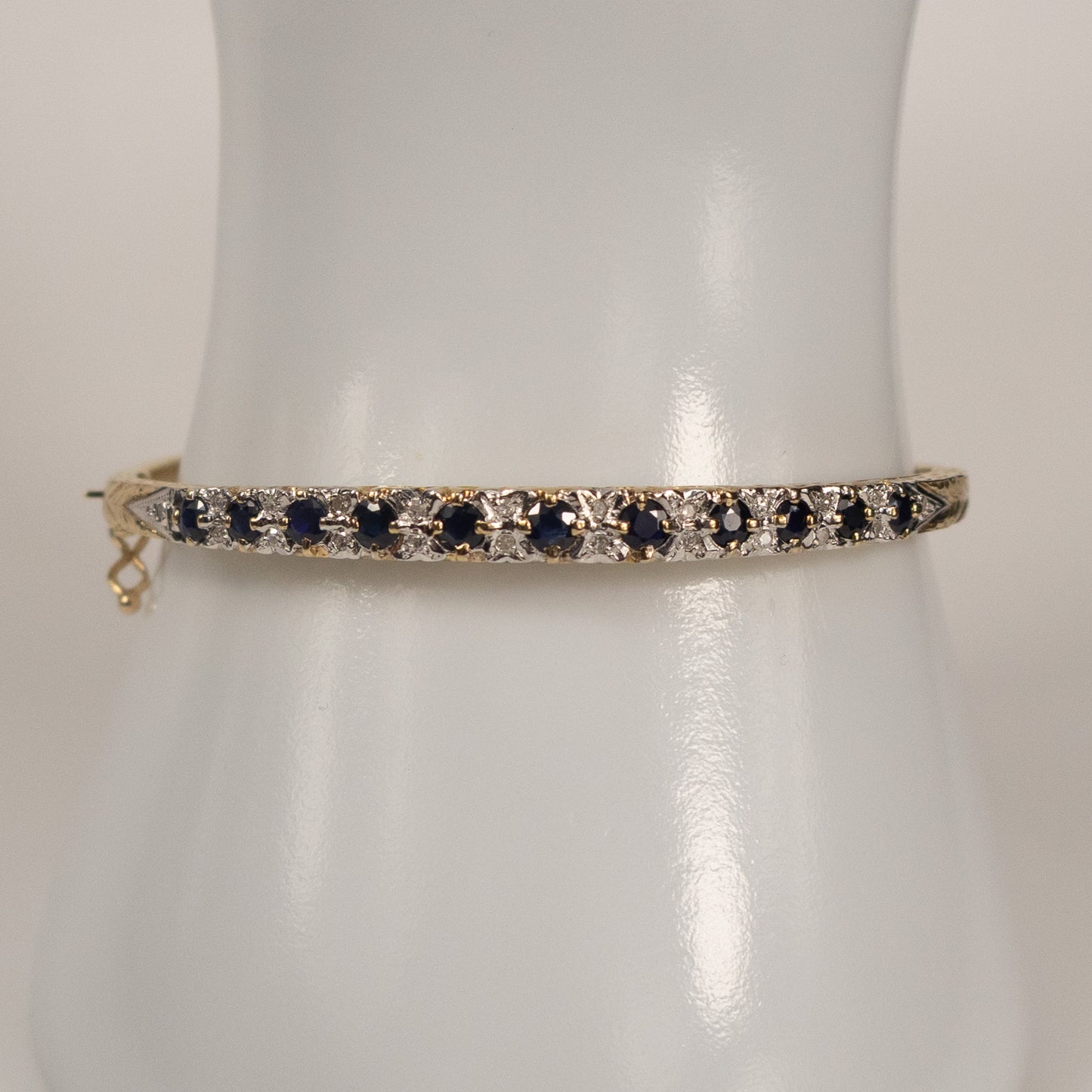 9ct Yellow Gold Sapphire and Diamond Set Hinged Bangle