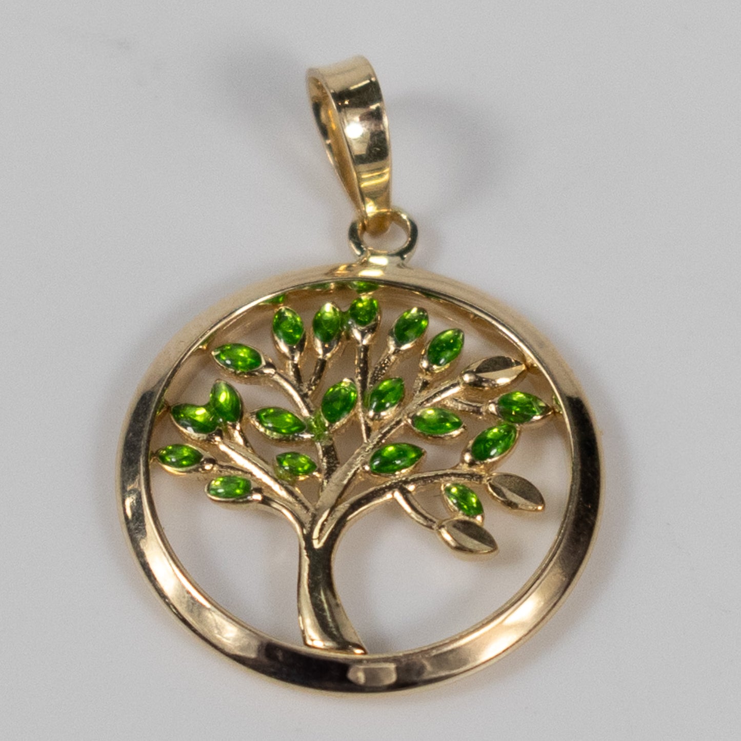 9ct Yellow Gold Tree of Life Pendant with Green Leaves