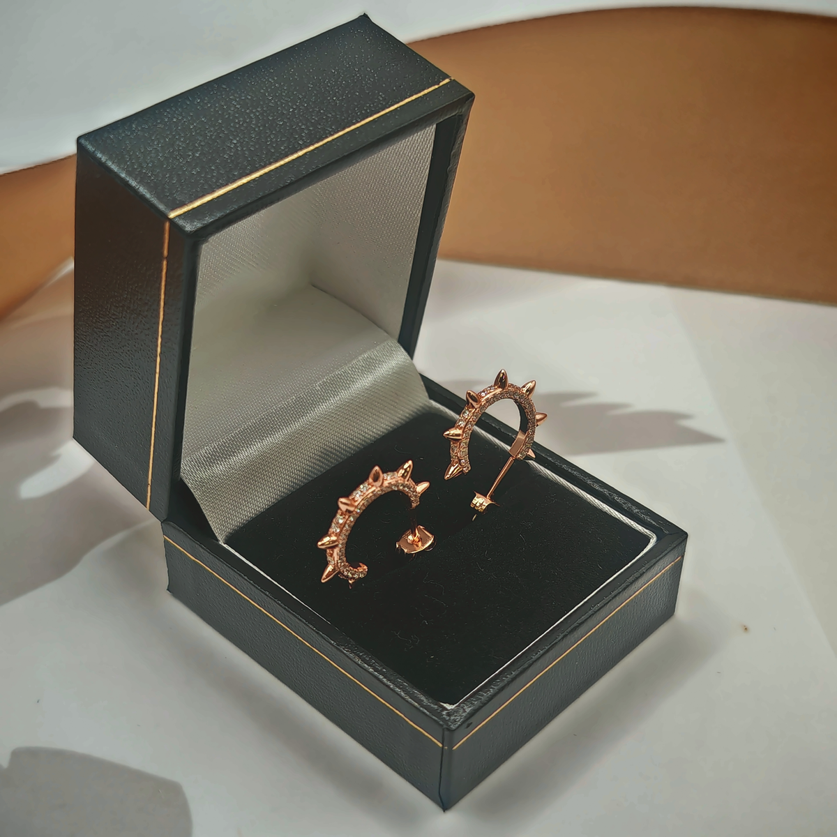 Sterling Silver Rose CZ Spiked Hoop Earrings, photograph 2 of 6. SKU SIL-22.
