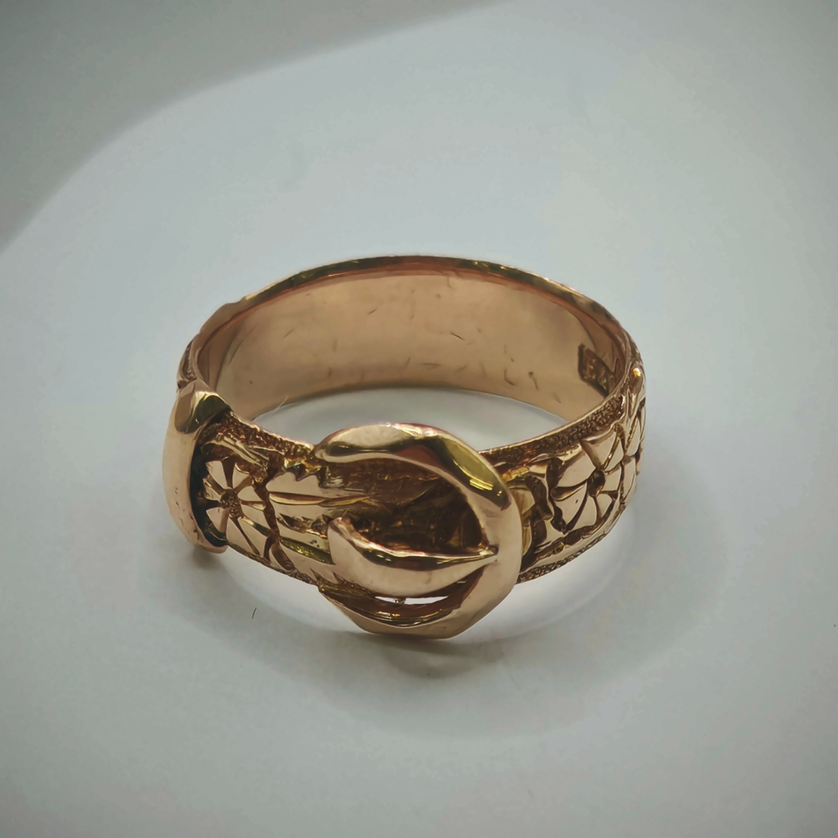 9ct Yellow Gold Engraved Buckle Ring – Size K, photograph 5 of 7. SKU JB3621.