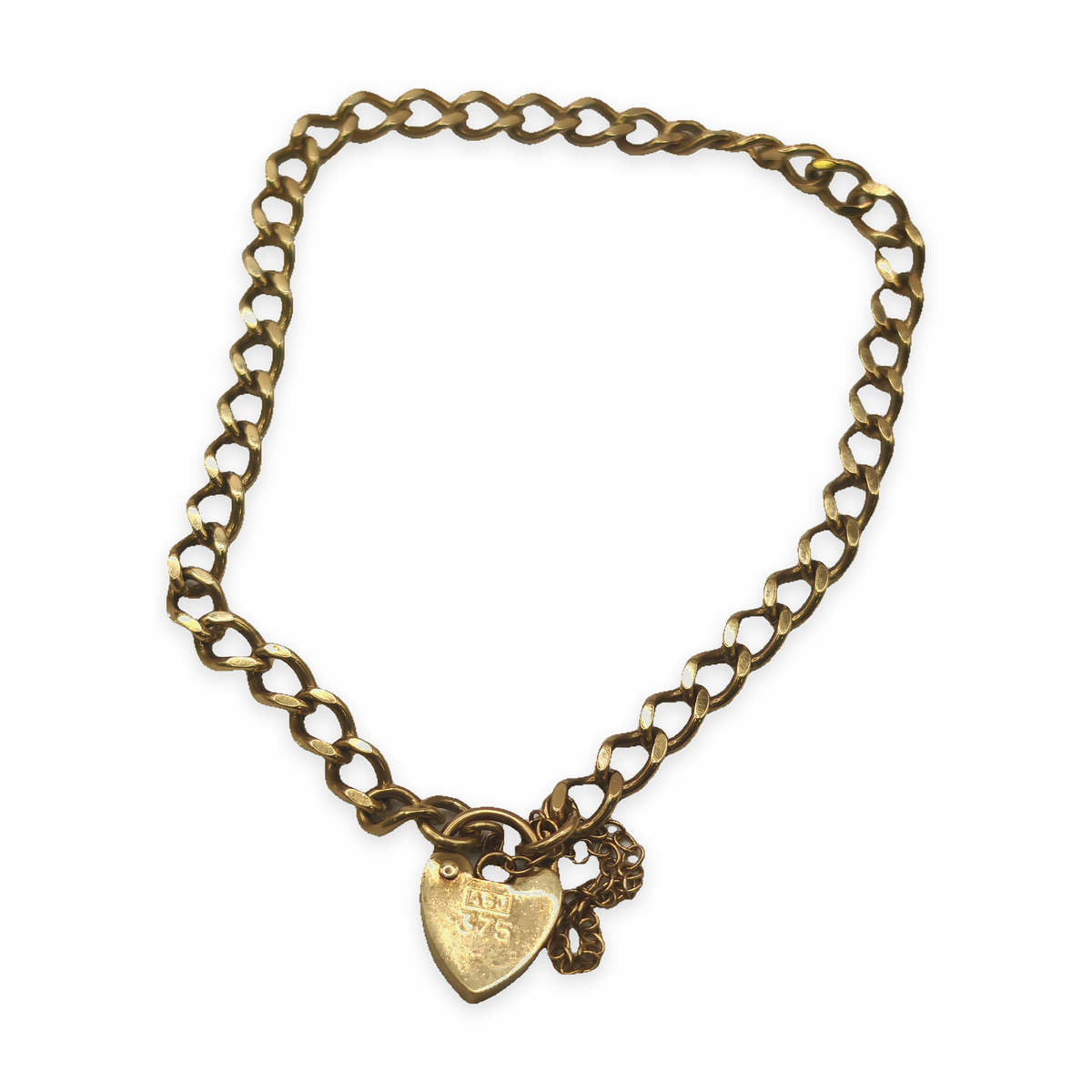 9ct Yellow Gold Curb Link Bracelet with Heart Padlock Clasp, photograph 5 of 8. SKU JB3627.