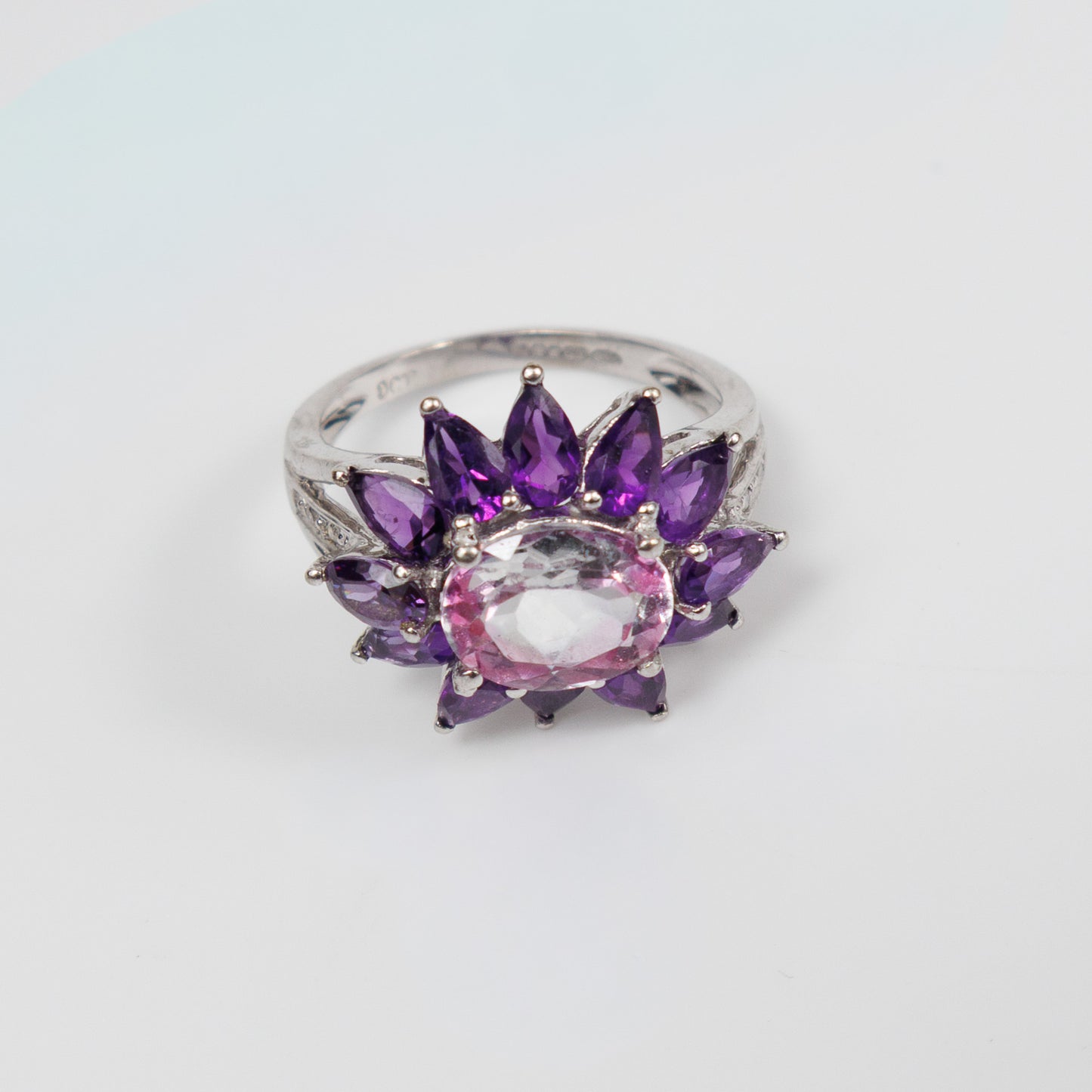 Second-Hand 9ct White Gold Pink Gemstone and Amethyst Cluster Ring