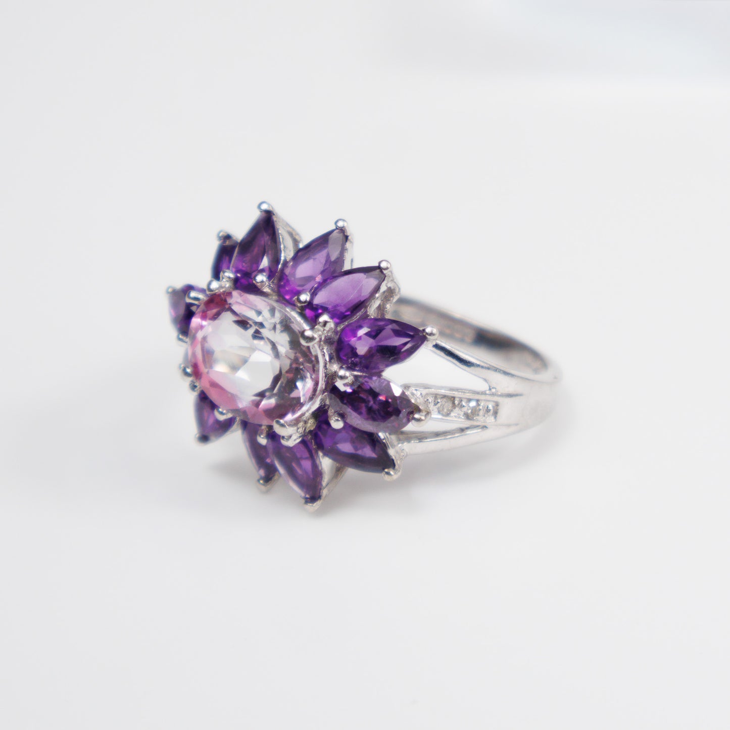 Second-Hand 9ct White Gold Pink Gemstone and Amethyst Cluster Ring