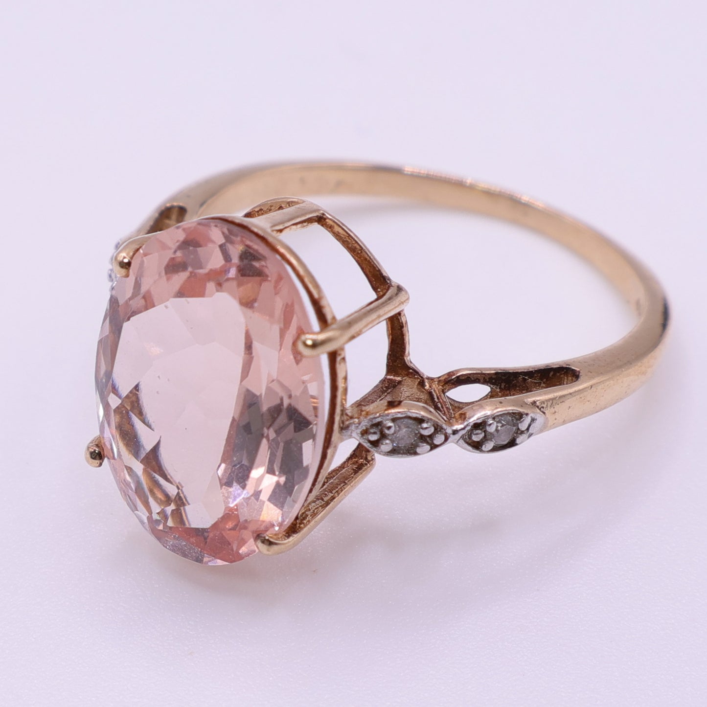 Second-Hand 9ct Gold Oval Pink Stone and Diamond Accent Ring