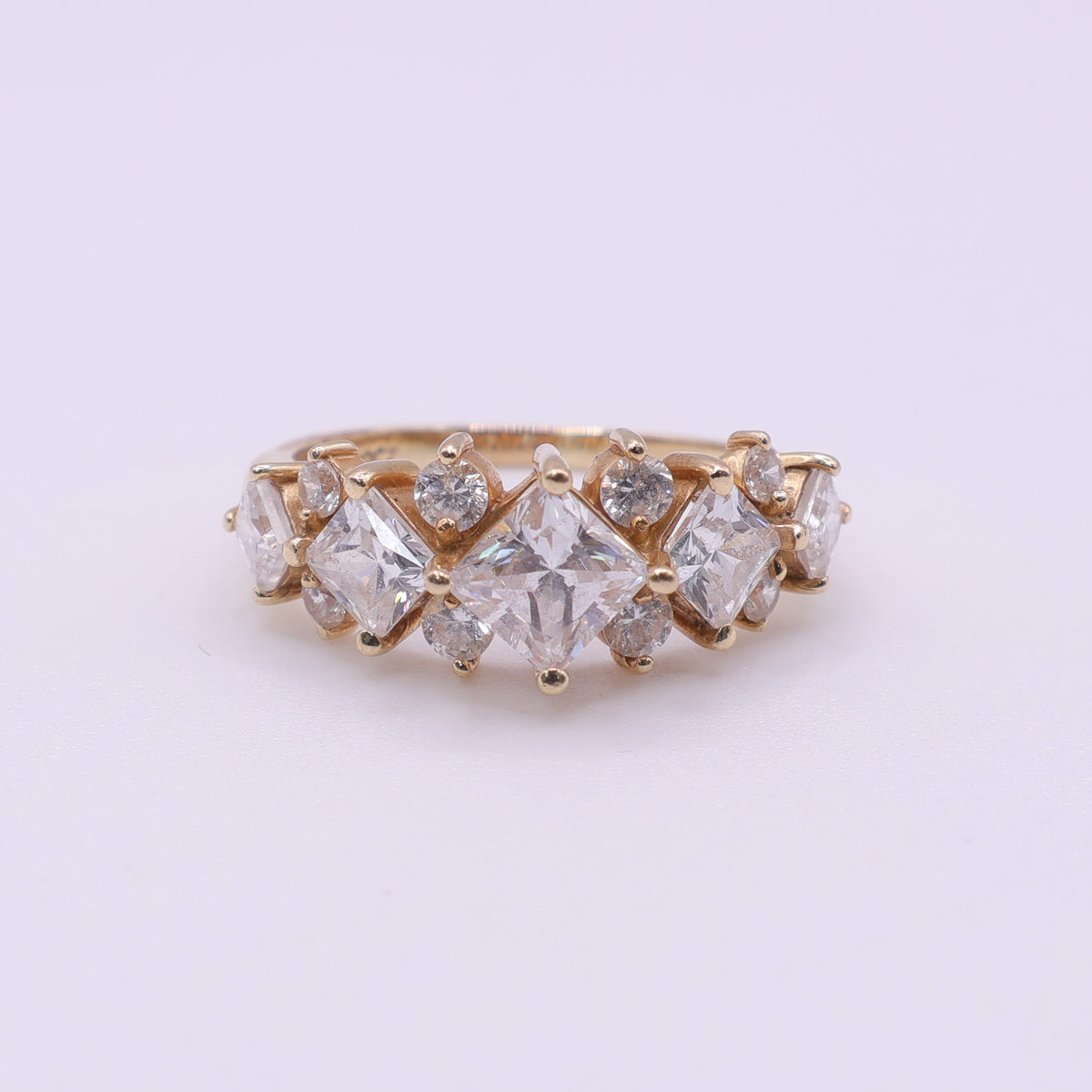 14ct Yellow Gold Ring with Princess and Round Cut Clear Cubic Zirconia Stones