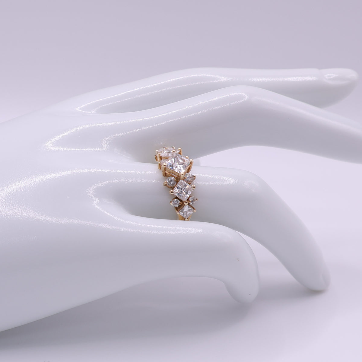 14ct Yellow Gold Ring with Princess and Round Cut Clear Cubic Zirconia Stones