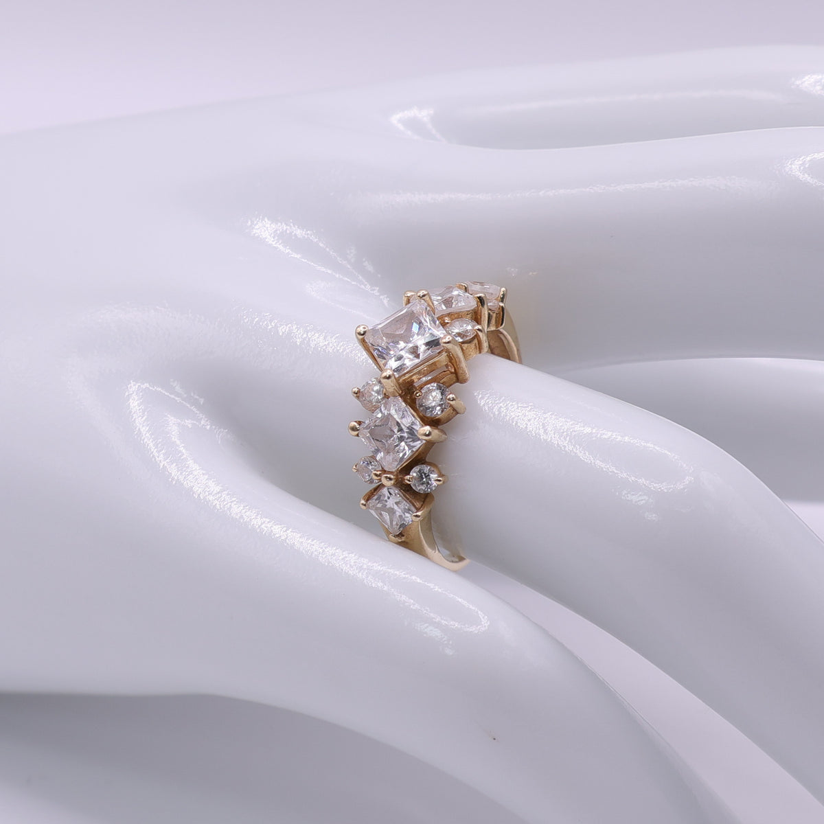 14ct Yellow Gold Ring with Princess and Round Cut Clear Cubic Zirconia Stones