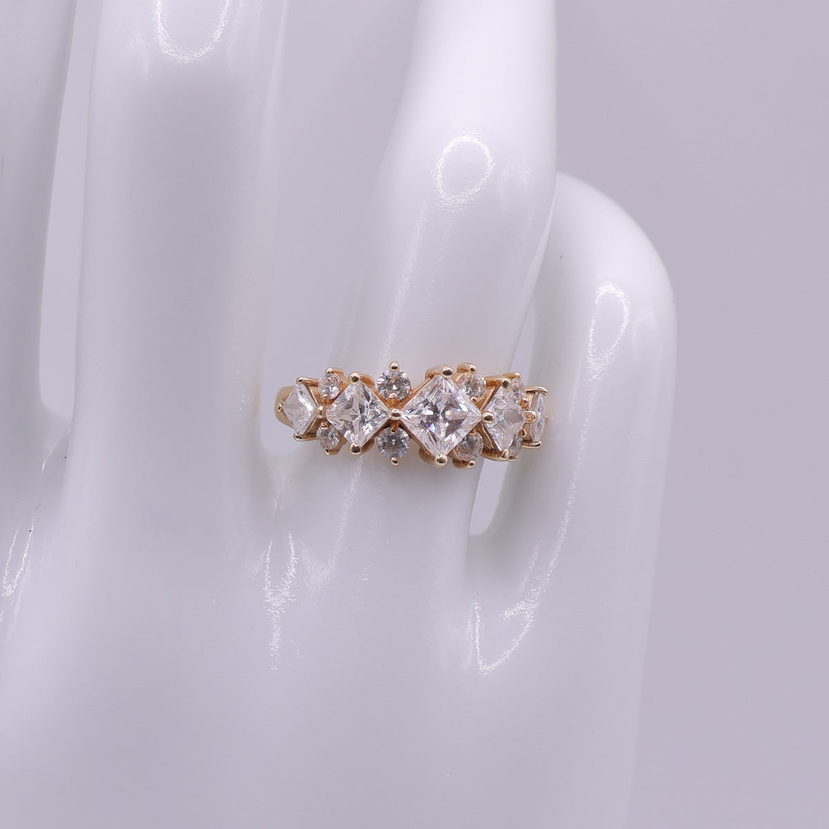 14ct Yellow Gold Ring with Princess and Round Cut Clear Cubic Zirconia Stones