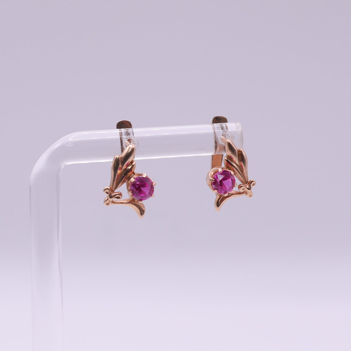 14ct Rose Gold Pink Sapphire Leaf Earrings