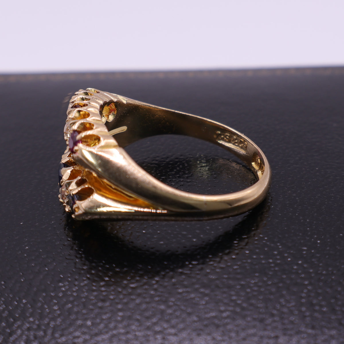18ct Yellow Gold Ruby, Sapphire and Diamond Crossover Ring