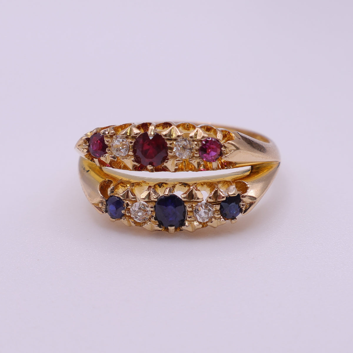 18ct Yellow Gold Ruby, Sapphire and Diamond Crossover Ring