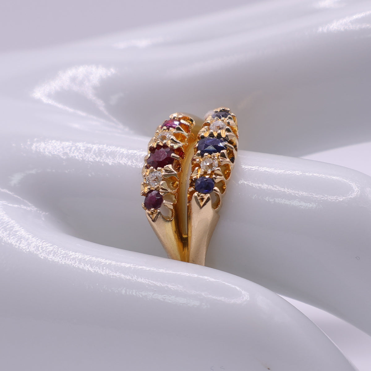 18ct Yellow Gold Ruby, Sapphire and Diamond Crossover Ring