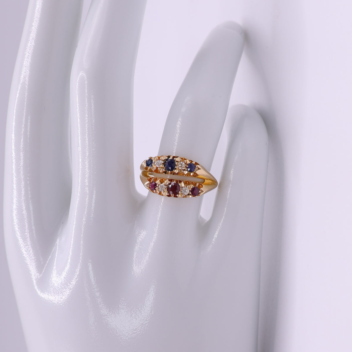 18ct Yellow Gold Ruby, Sapphire and Diamond Crossover Ring