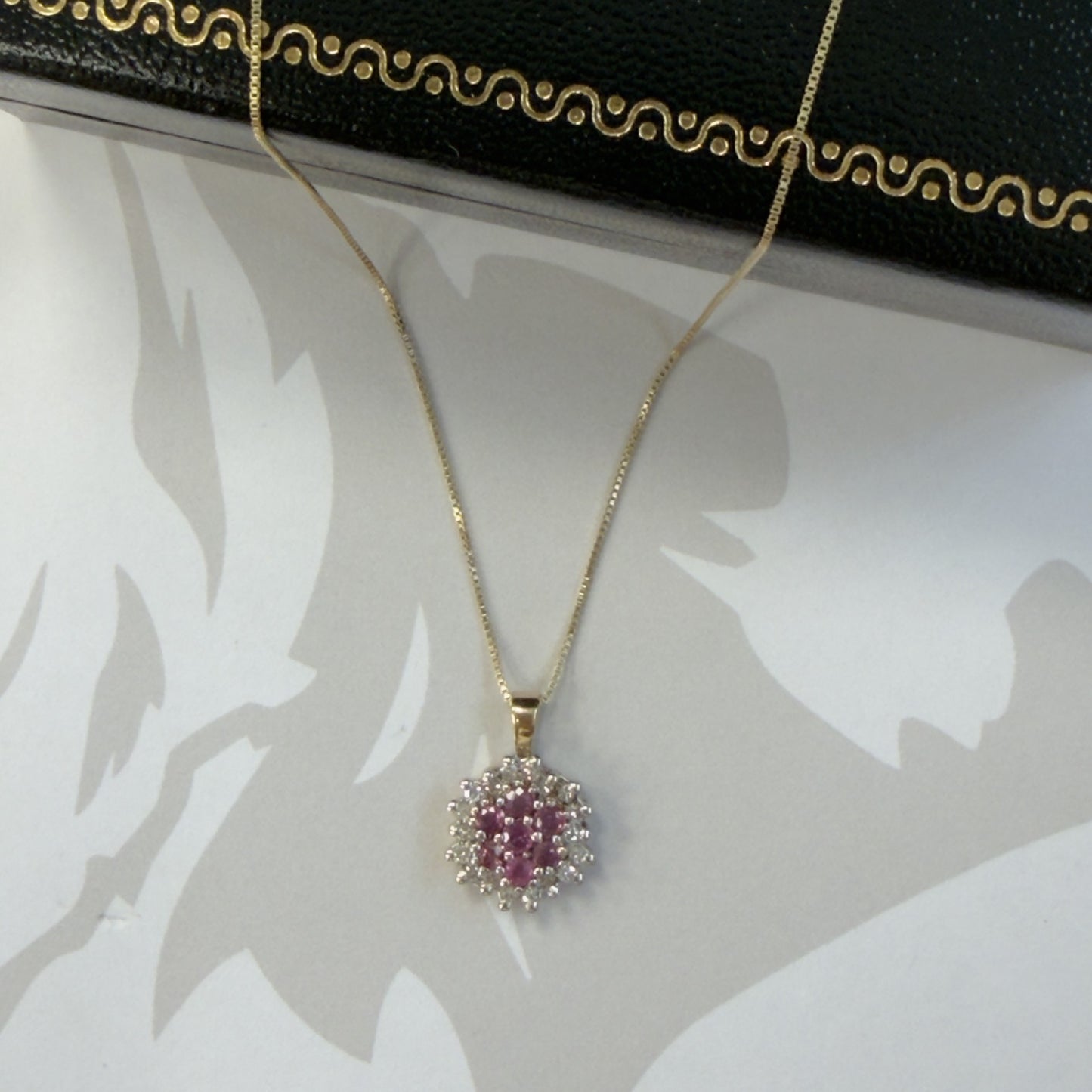 9ct Yellow Gold Pink Sapphire and Diamond Cluster Necklace - 18 Inch