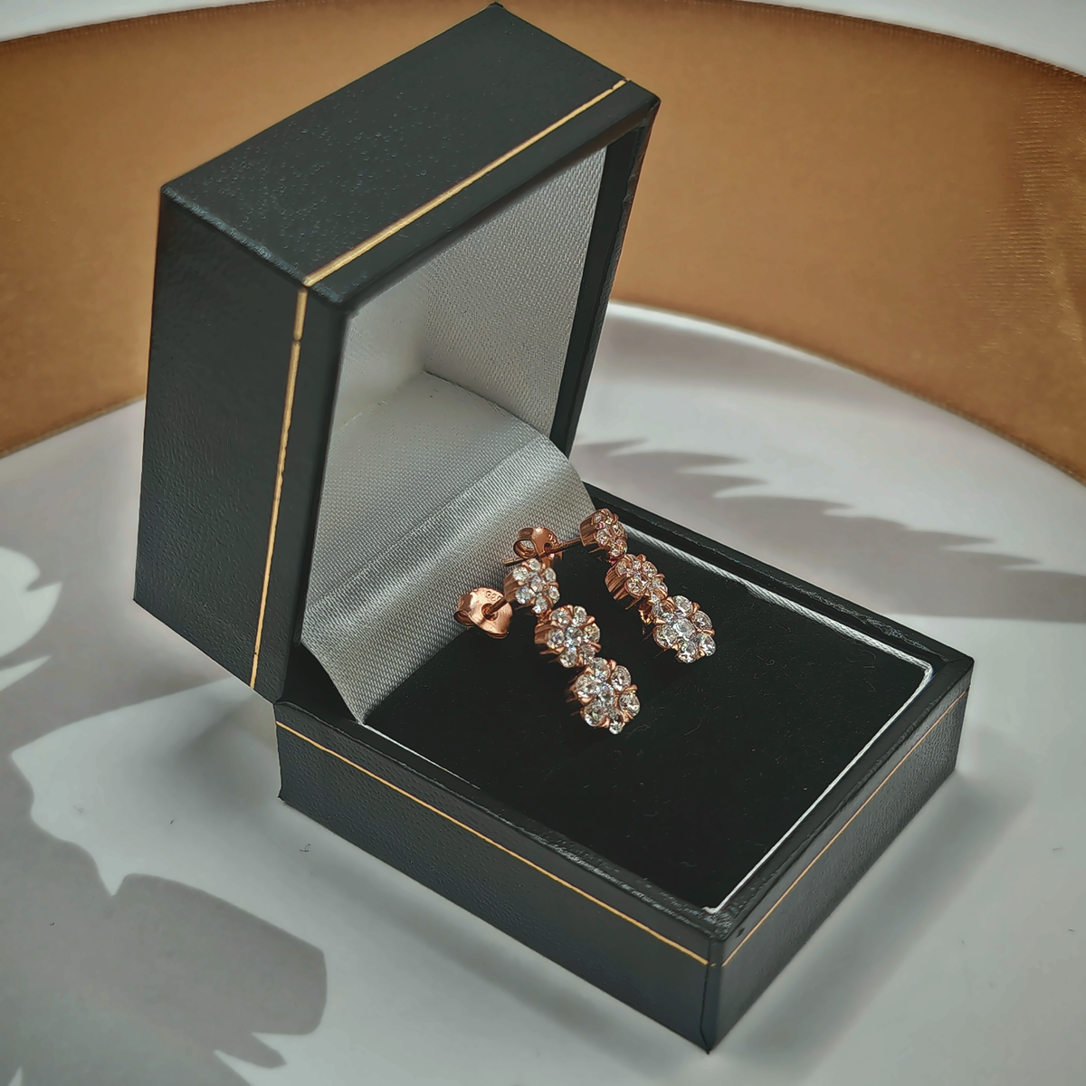 Rose Gold Tone CZ Triple Flower Drop Stud Earrings – view 2