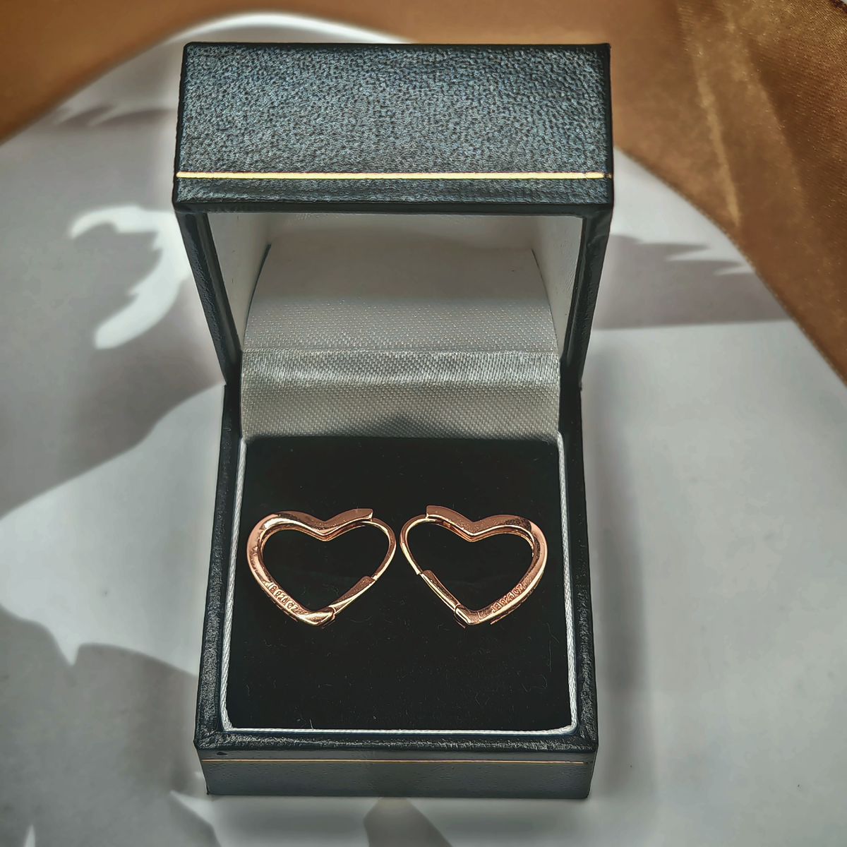 Sterling Silver Rose Gold Tone CZ Set Heart Shaped Hoop Earrings