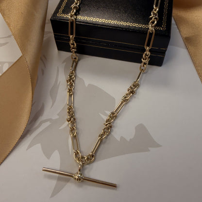 9ct Yellow Gold Trombone Link Albert Chain with T-Bar - 20 Inch