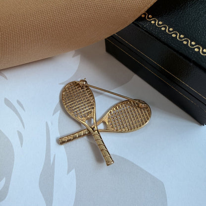 Vintage 9ct Yellow Gold Crossed Tennis Rackets Brooch