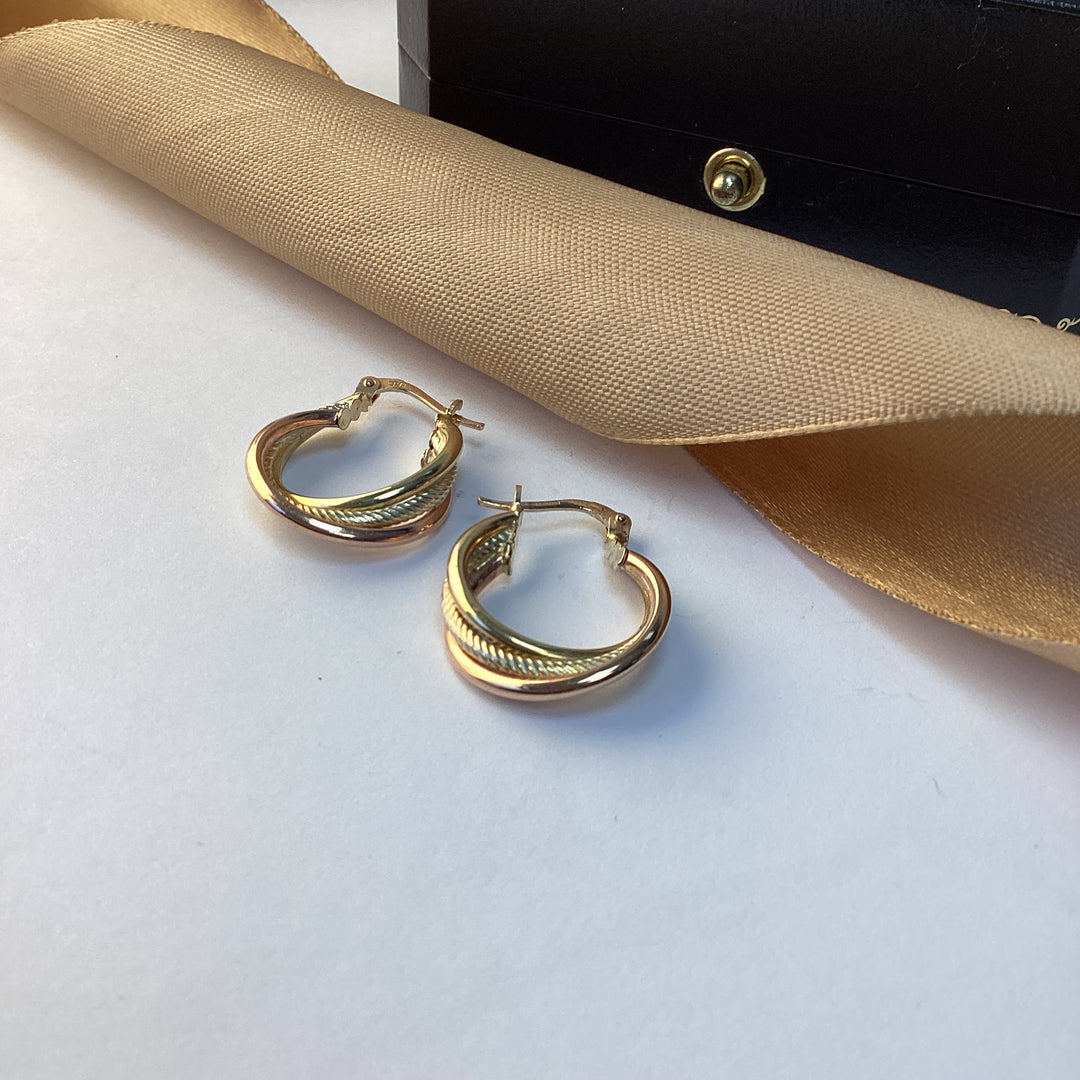 9ct Yellow Gold Tri-Colour Creole Hoop Earrings