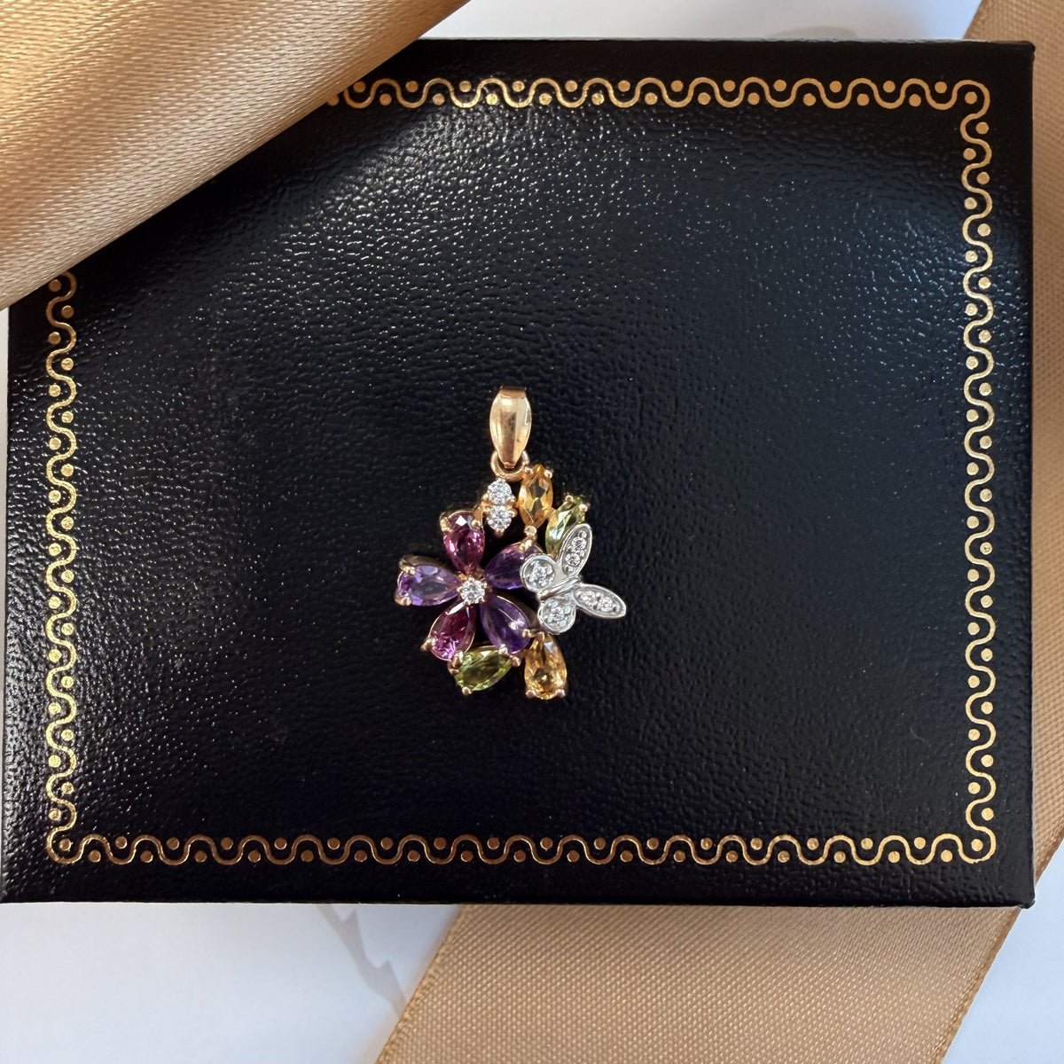 14ct Rose Gold Multi-Gemstone Floral and Butterfly Pendant