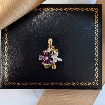 14ct Rose Gold Multi-Gemstone Floral and Butterfly Pendant