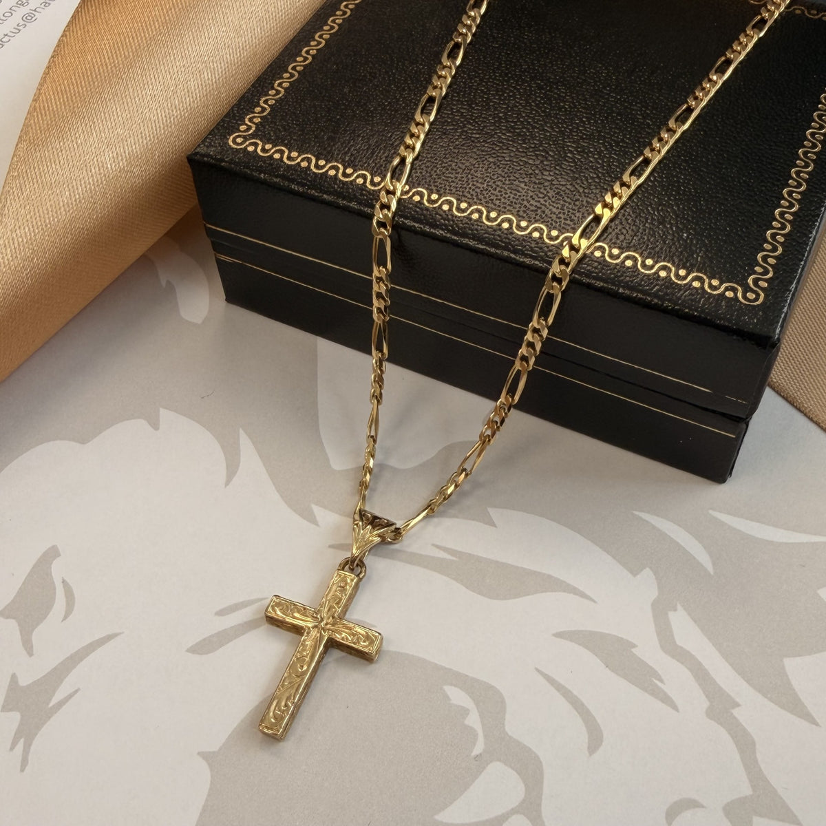 9ct Yellow Gold Engraved Cross Pendant Necklace - 19 Inch
