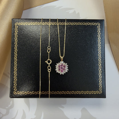 9ct Yellow Gold Pink Sapphire and Diamond Cluster Necklace - 18 Inch