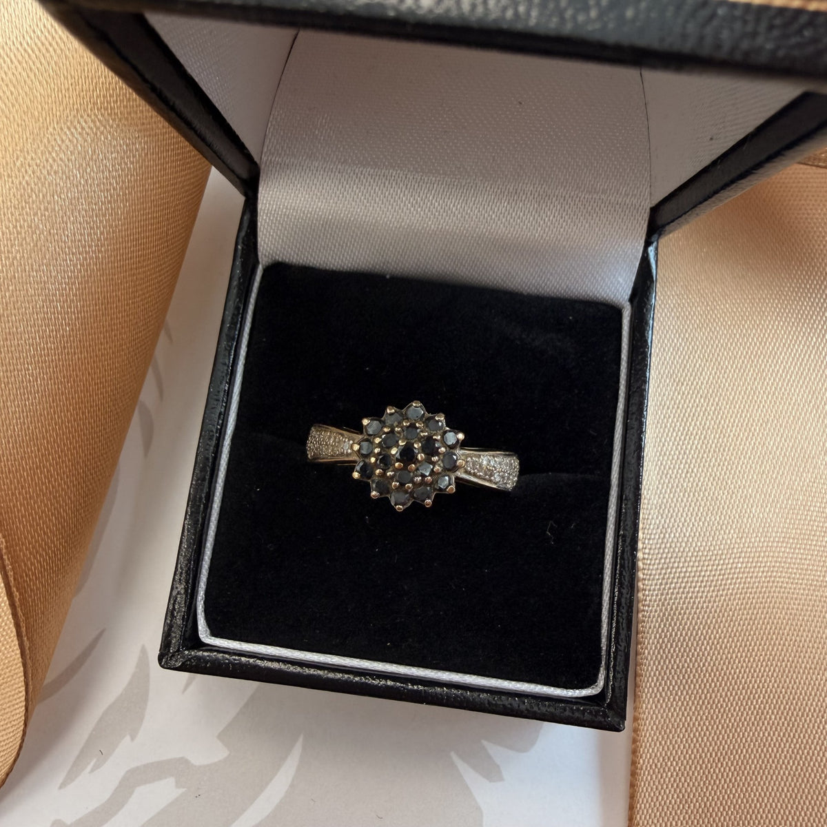 9ct Yellow Gold Black Diamond Cluster Ring