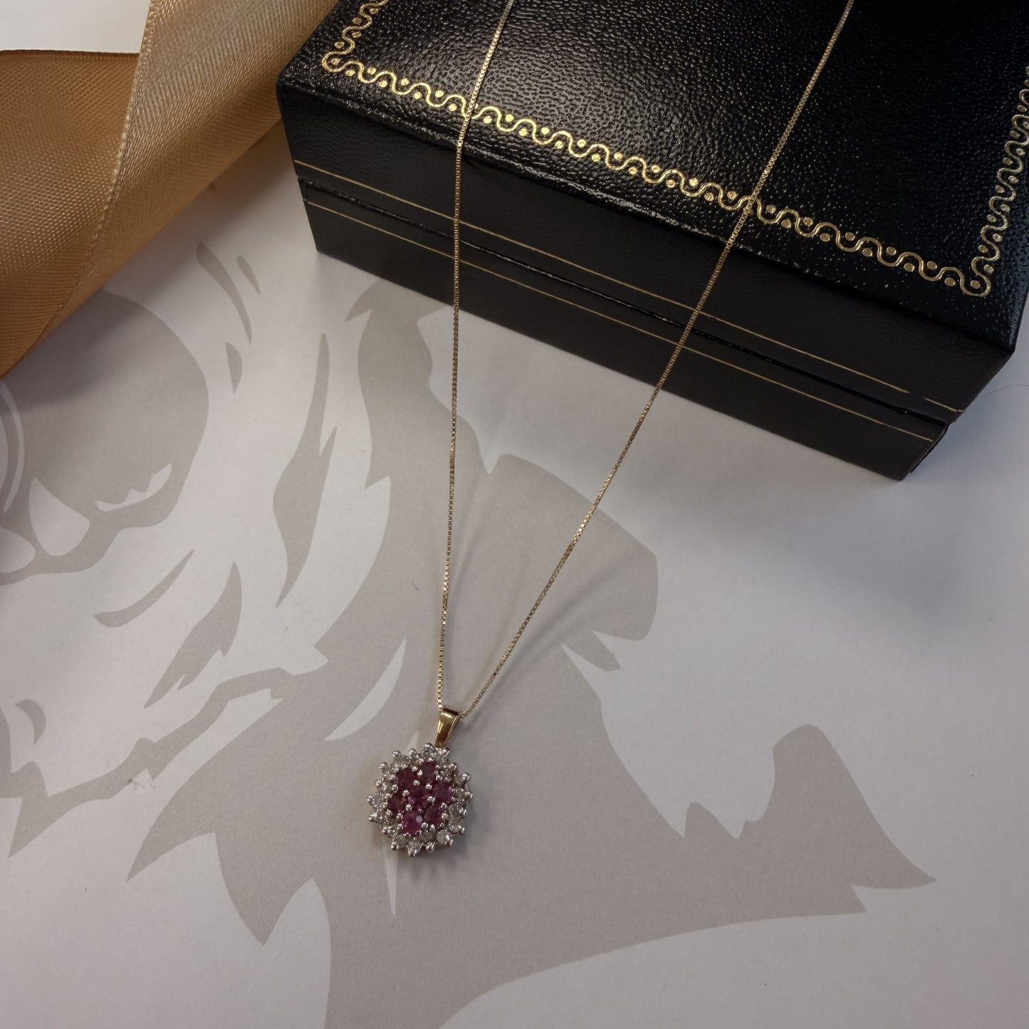 9ct Yellow Gold Pink Sapphire and Diamond Cluster Necklace - 18 Inch