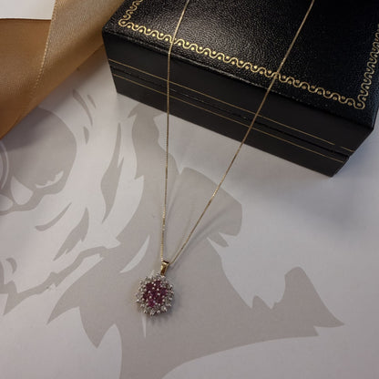 9ct Yellow Gold Pink Sapphire and Diamond Cluster Necklace - 18 Inch