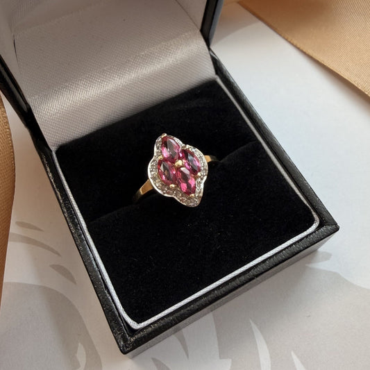 9ct Yellow Gold Pink Sapphire & Diamond Floral Cluster Ring