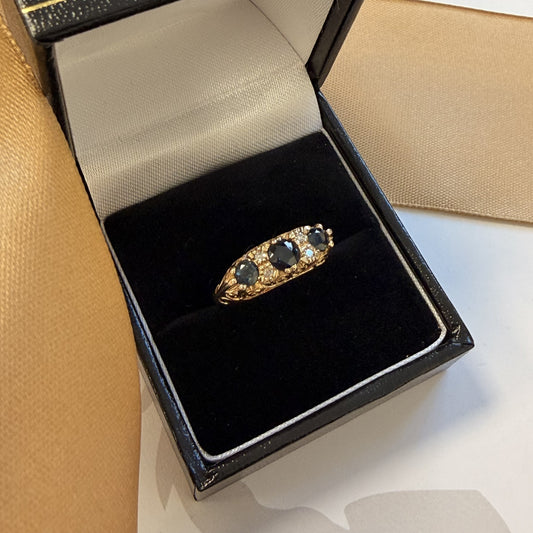 9ct Yellow Gold Ring with Blue Sapphires and Diamonds