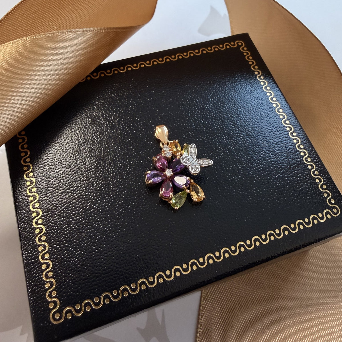 14ct Rose Gold Multi-Gemstone Floral and Butterfly Pendant