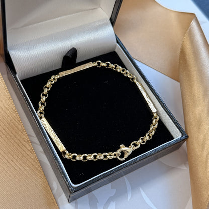 9ct Yellow Gold Engraved Bar and Belcher Bracelet
