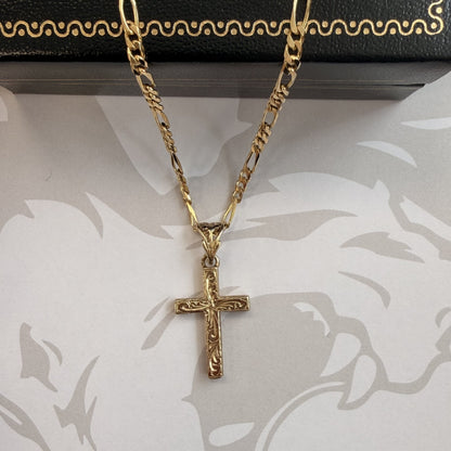 9ct Yellow Gold Engraved Cross Pendant Necklace - 19 Inch