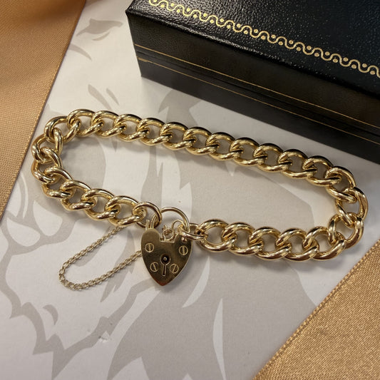 9ct Yellow Gold Curb Bracelet with Heart Padlock - 7 Inch