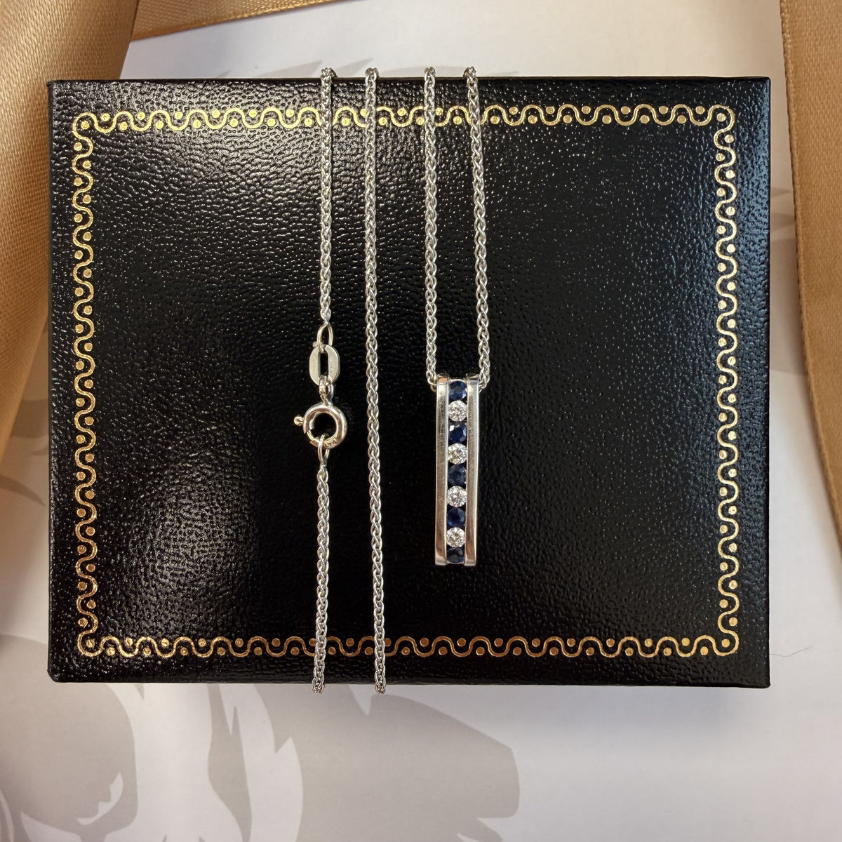 9ct White Gold Sapphire and Diamond Bar Pendant & Chain - 16 Inch