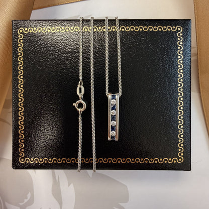9ct White Gold Sapphire and Diamond Bar Pendant & Chain - 16 Inch