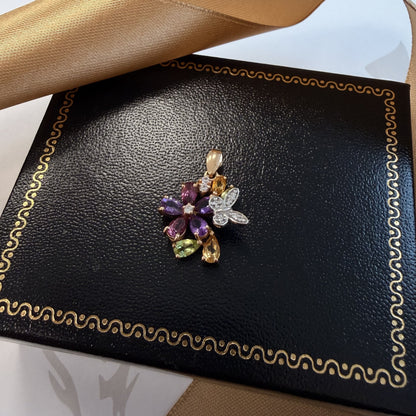14ct Rose Gold Multi-Gemstone Floral and Butterfly Pendant