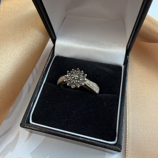 9ct Yellow Gold Black Diamond Cluster Ring