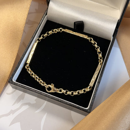 9ct Yellow Gold Engraved Bar and Belcher Bracelet