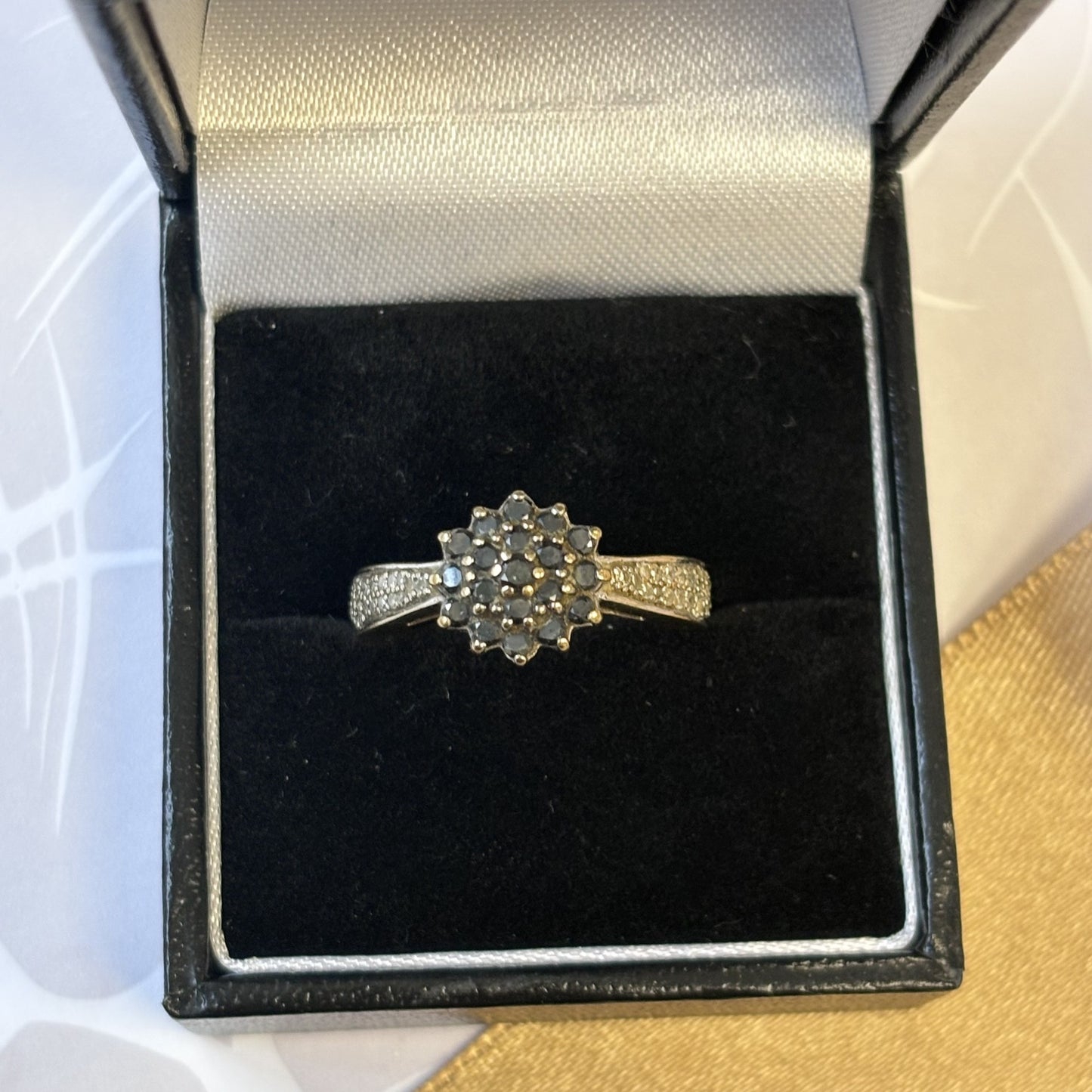 9ct Yellow Gold Black Diamond Cluster Ring