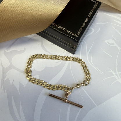 9ct Gold T-bar Charm Curb Bracelet Solid Gold - 7 Inch
