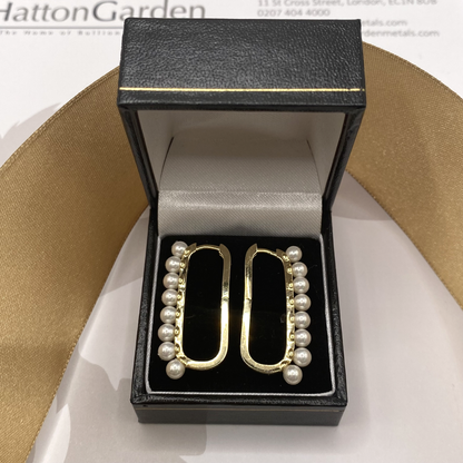 925 Sterling Silver Yellow Tone Pearl Set Elongated Oval Hoop Earrings