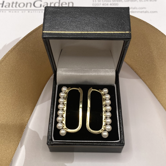 925 Sterling Silver Yellow Tone Pearl Set Elongated Oval Hoop Earrings